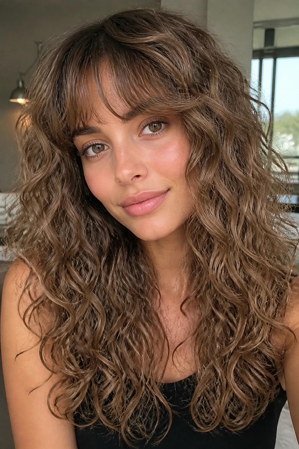 Close-up of a real person with cool latte brown hair and a defined fringe