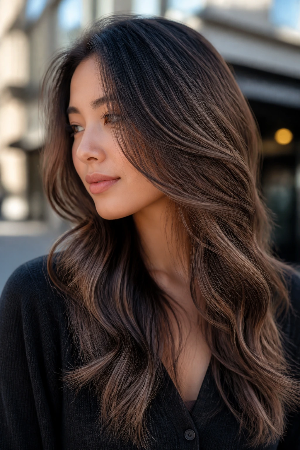 Real Asian woman with cool mocha balayage hair