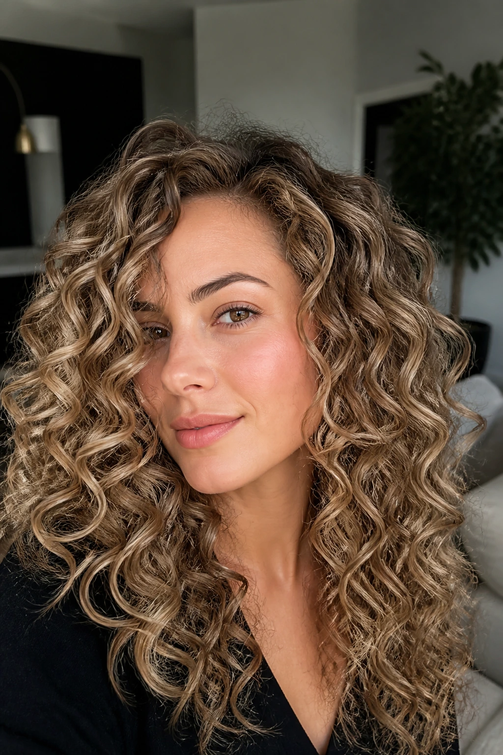 Close-up of a real woman with cool mocha blonde blend in curly hair