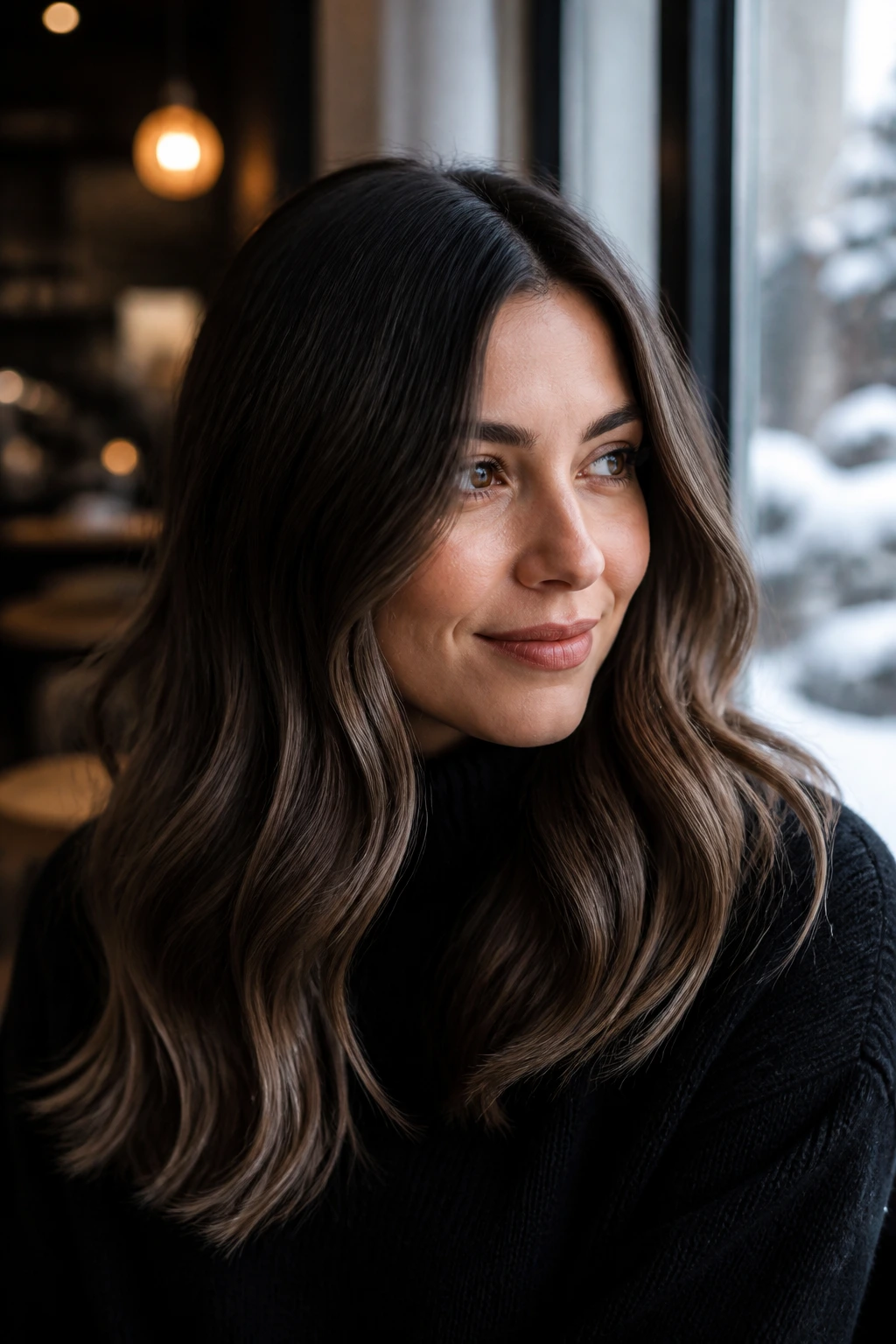 Close-up portrait of a real woman with cool mocha melt hair color, glossy brunette with cool undertones.