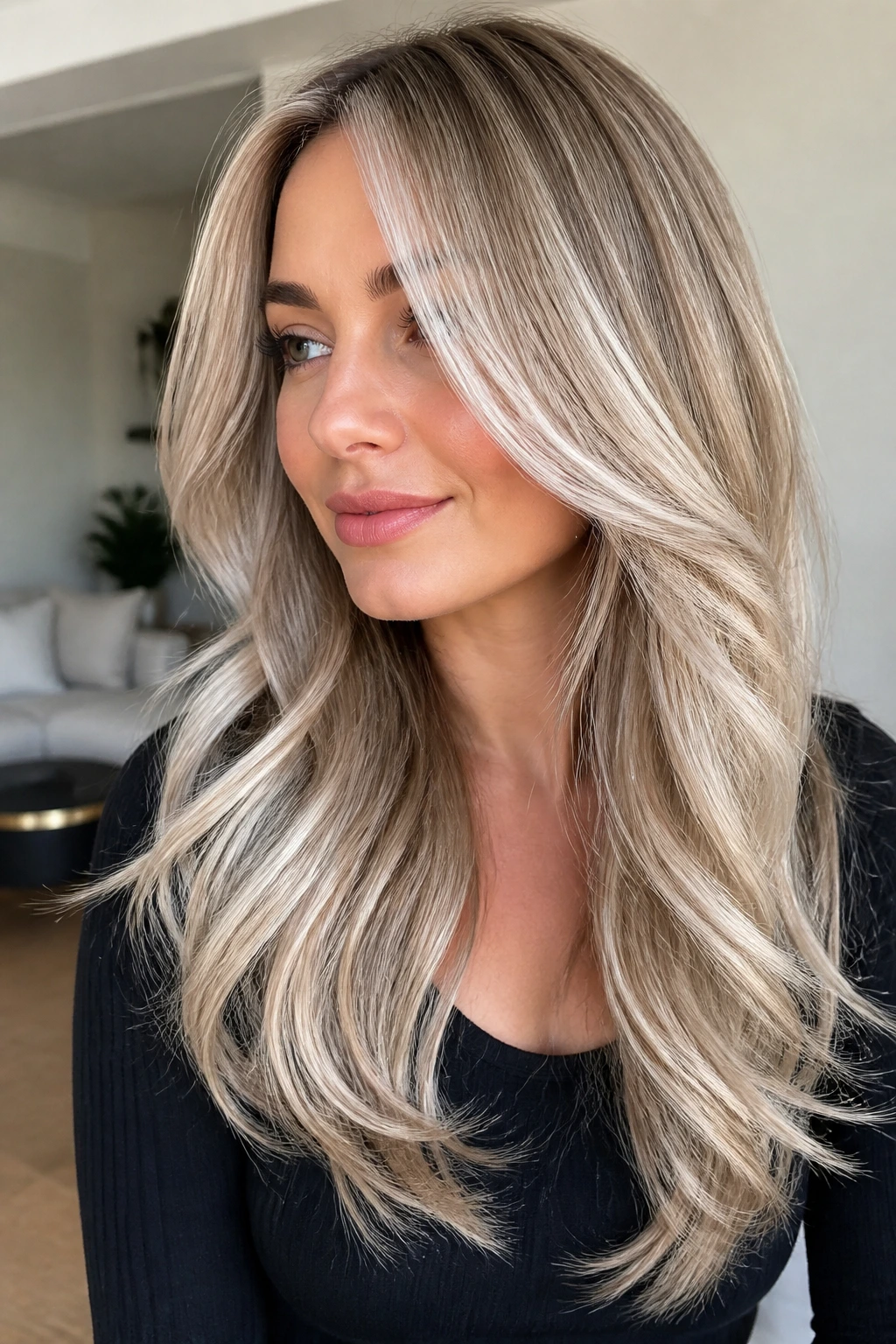 Portrait of a real woman showing cool pearl balayage on long layers in bright indoor light