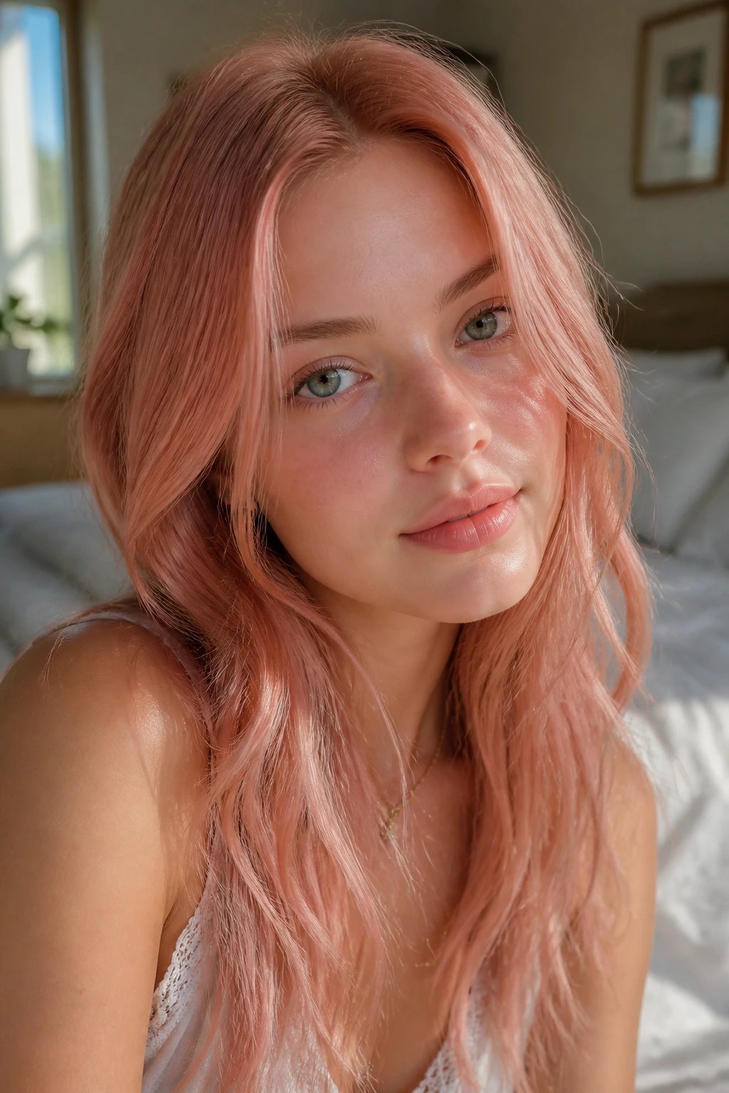 Close-up portrait of a real woman with cool pink strawberry blonde hair by a window