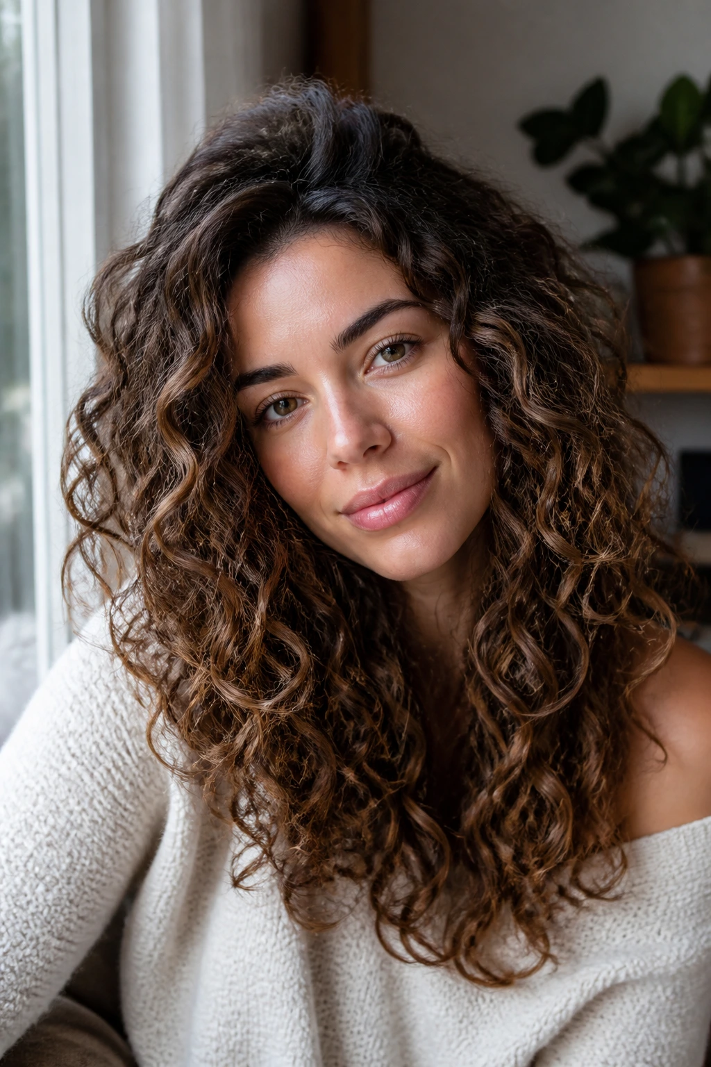 Portrait of a real woman with cool-rooted brunette curls showing root shadow and blended ends