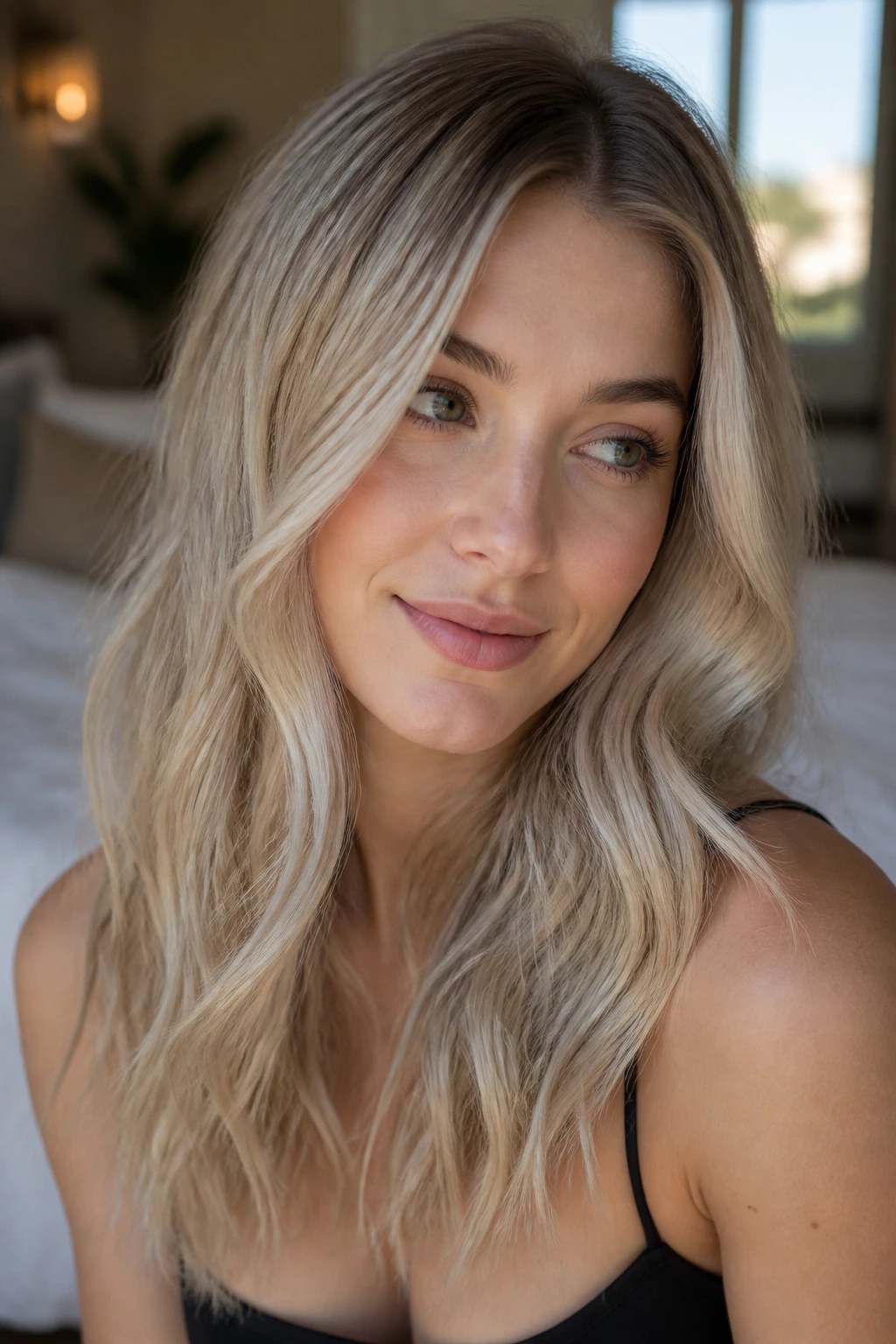 Close-up portrait of a real woman with Cool Sand Blonde hair in natural window light