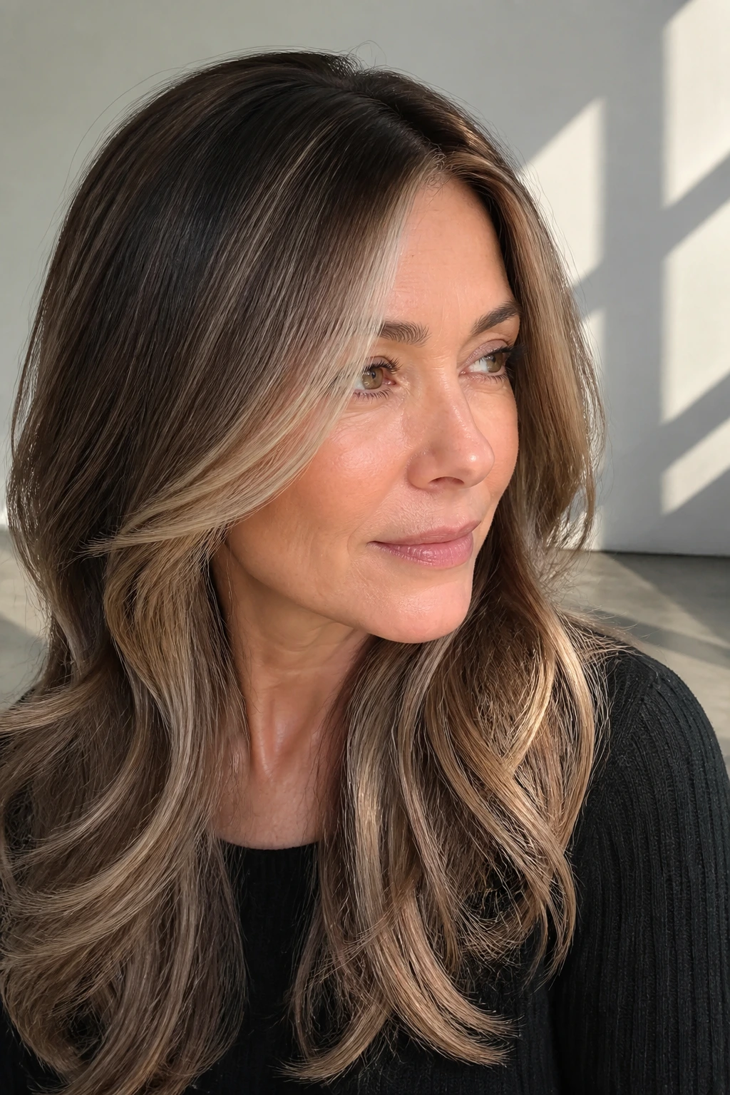 Close-up of medium brunette hair with cool taupe balayage around the face