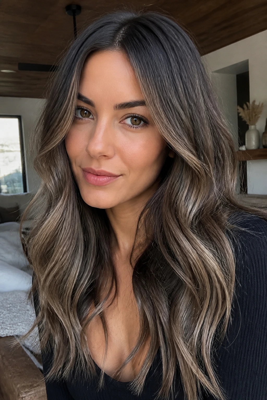 Portrait of a real woman with cool taupe balayage on brunette hair
