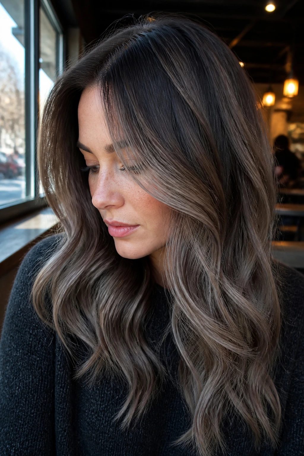Close-up of a real woman with cool taupe balayage on medium brunette hair in warm cafe light