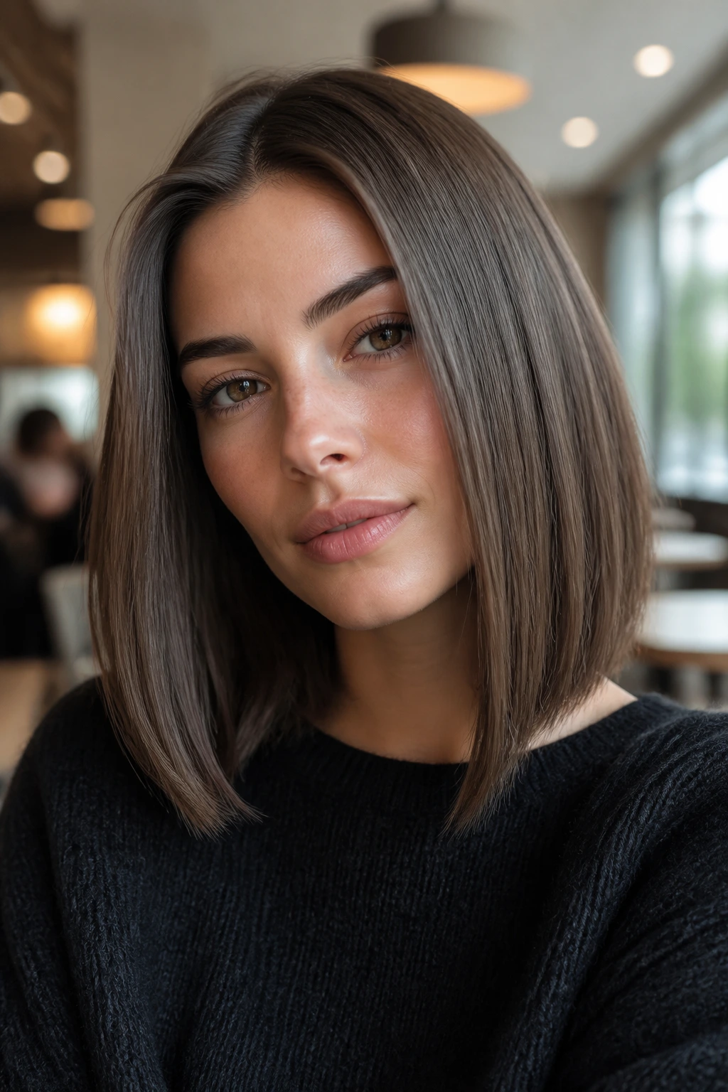 Close-up portrait of a real woman with cool taupe brunette blunt bob
