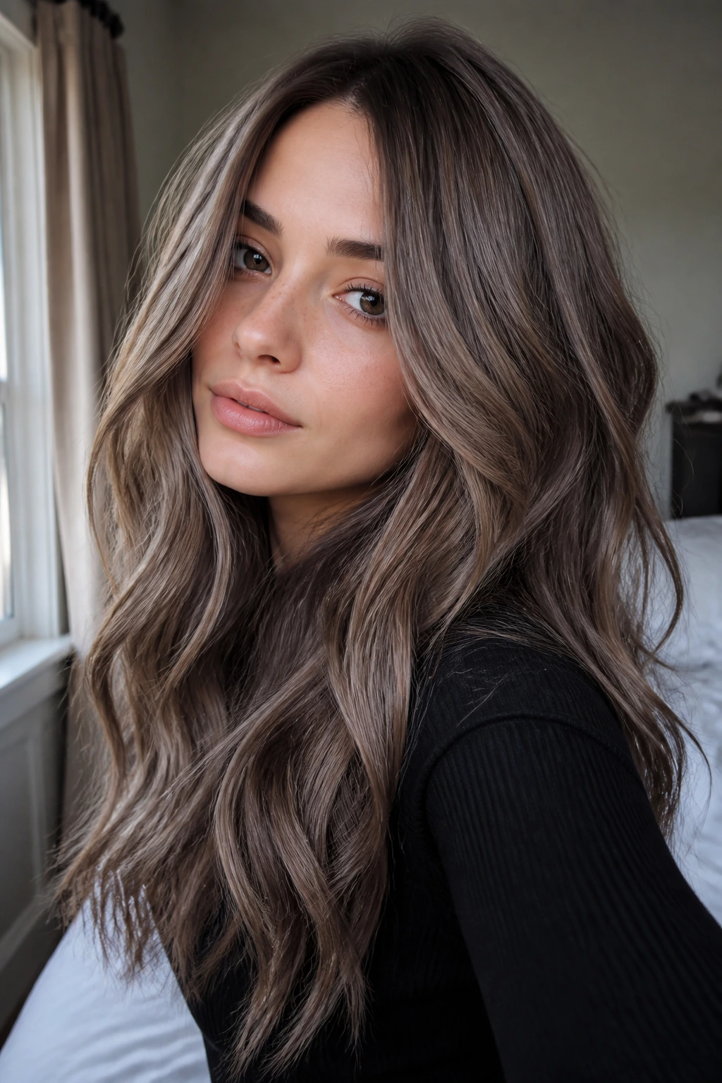 Close-up of a real woman's long wavy cool taupe brunette hair in window light