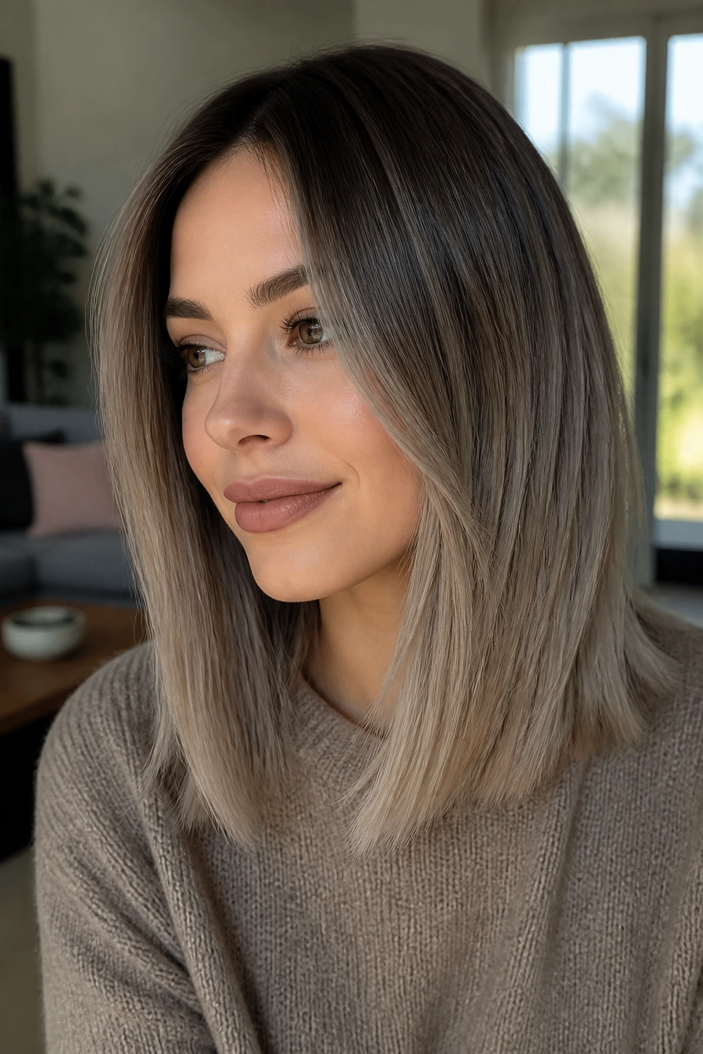 Close-up portrait of a real woman with cool taupe ombre hair on a medium-length blunt cut in a cozy interior