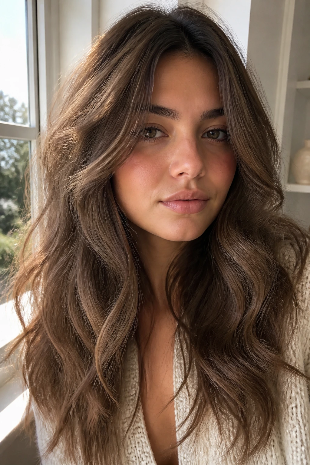 Close-up portrait of a real woman with Cool Teddy-Bear Brunette hair and cool undertones.