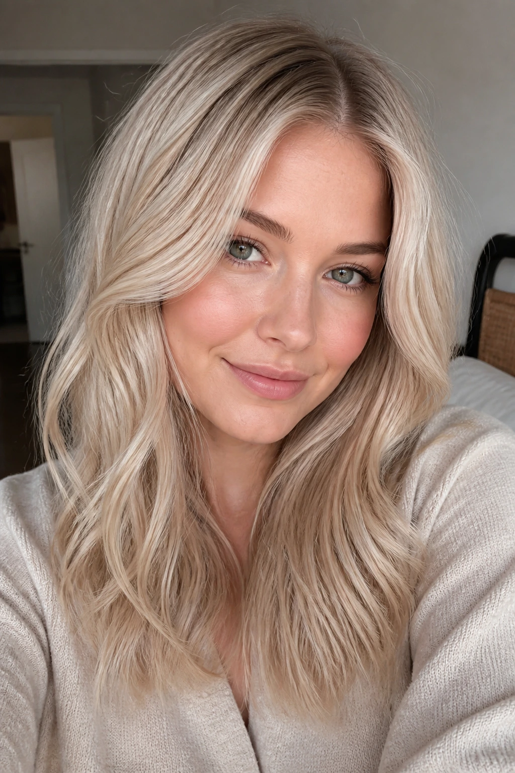 Close-up of a real woman with cool vanilla blonde hair