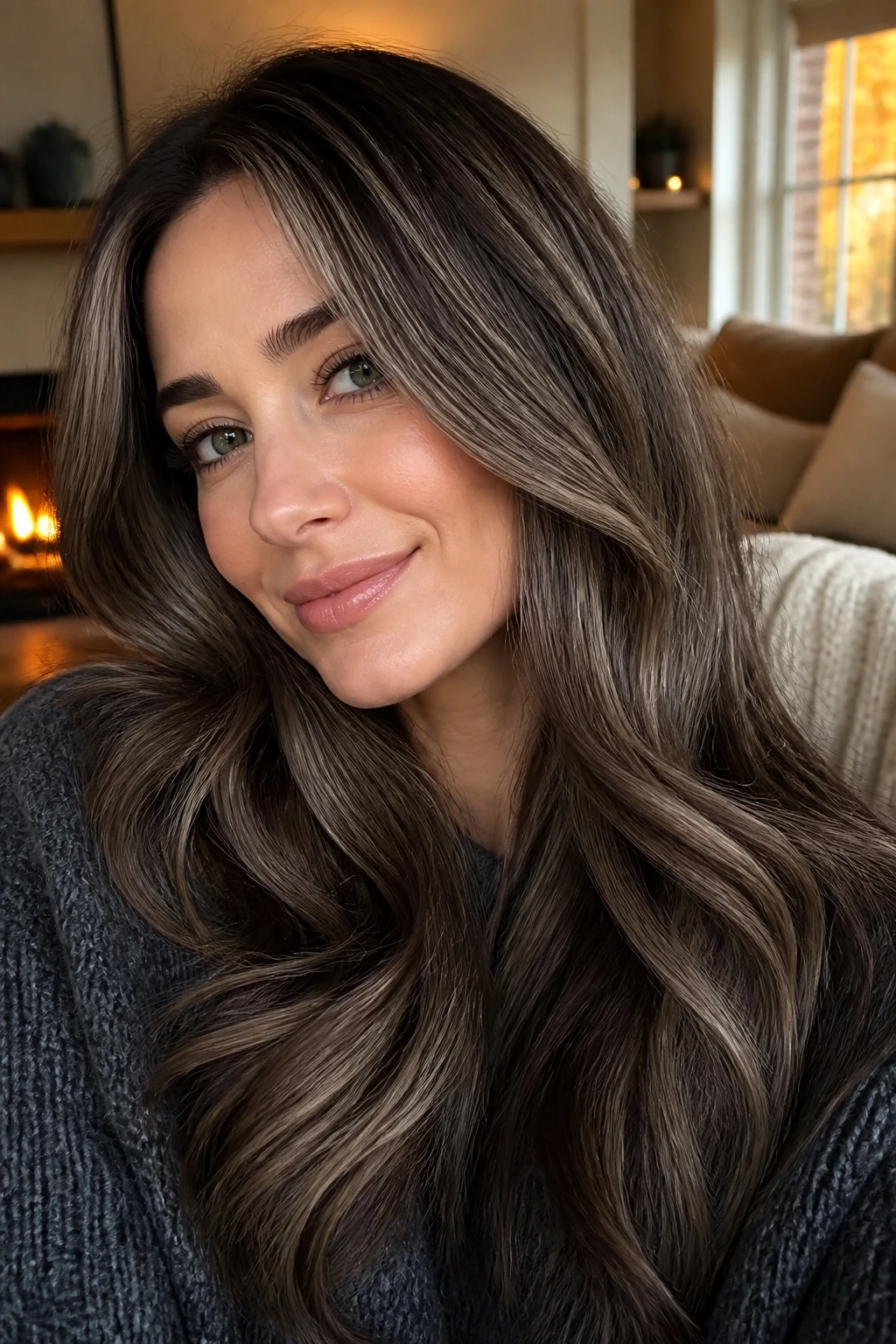 Close-up of a real woman with cool-toned brunette shades and glossy lowlights.