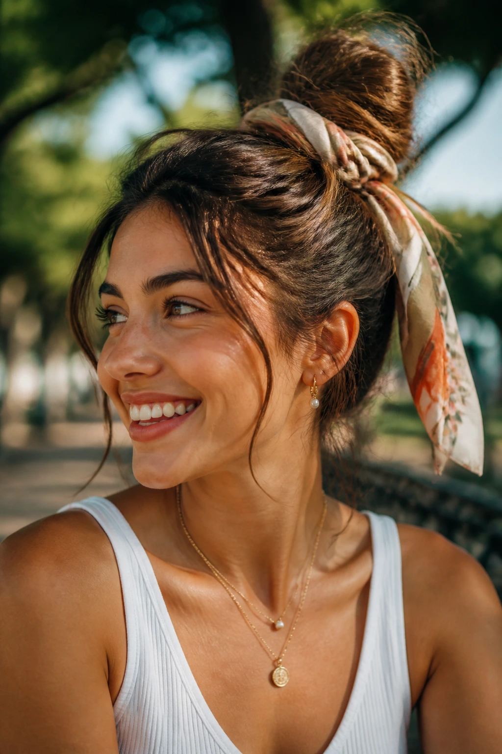 Close-up of a woman outdoors in a scarf-adorned updo with hair off the neck