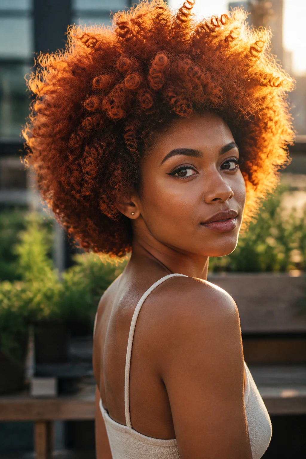 Portrait of a real person with sunset copper Afro under golden hour sunlight