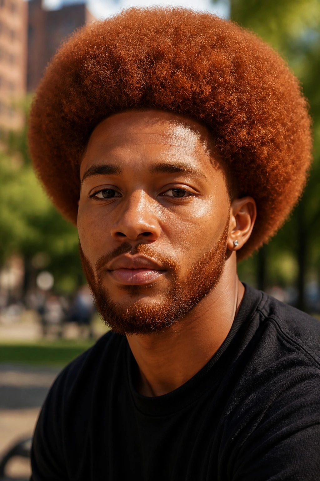 Man with a copper afro in an outdoor park setting