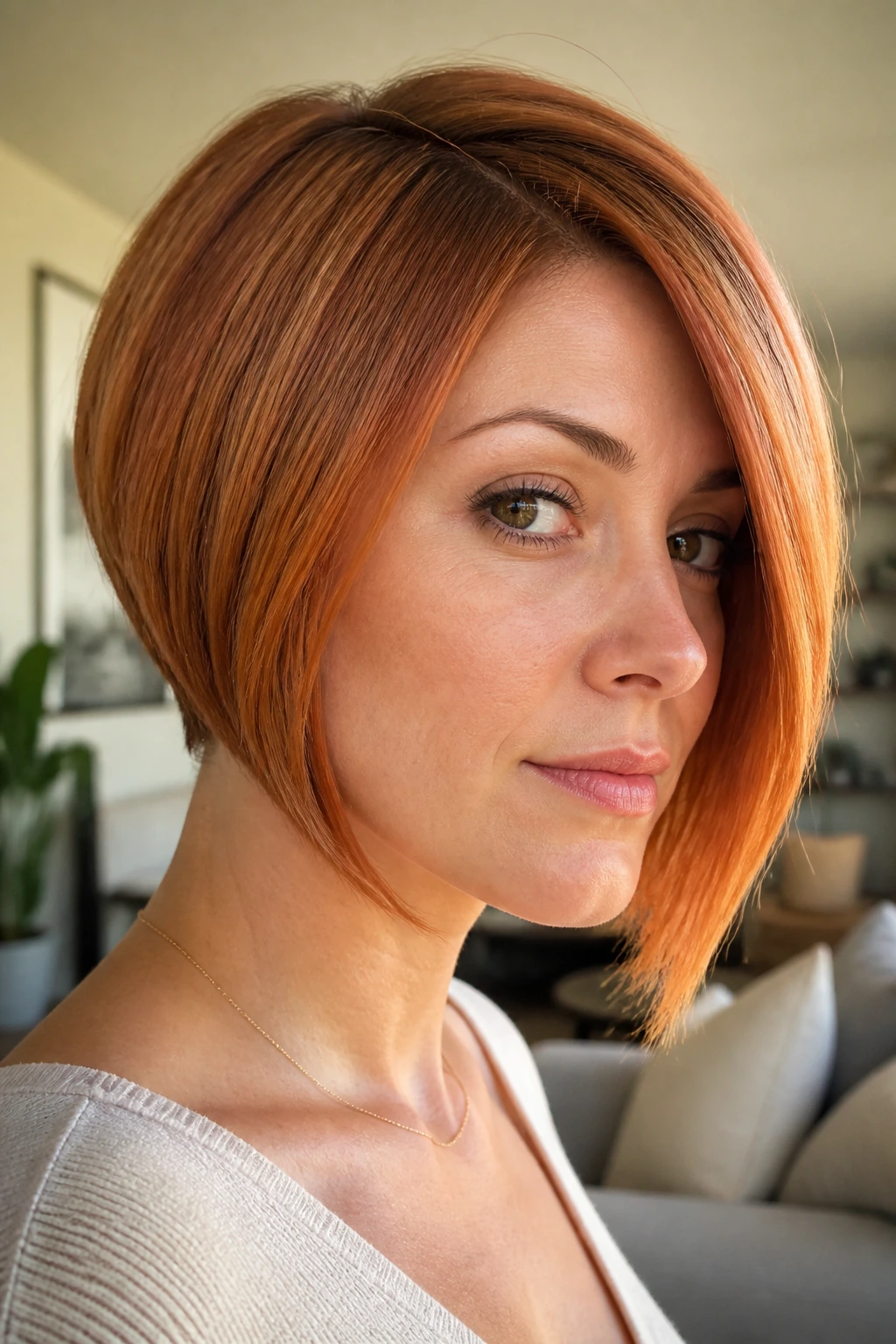 Portrait of a real woman with copper angled bob