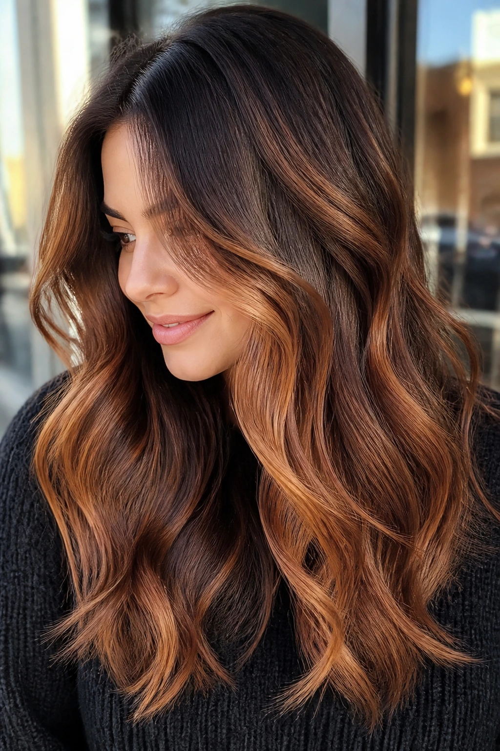Close-up of copper apricot balayage on dark brown hair on a real person