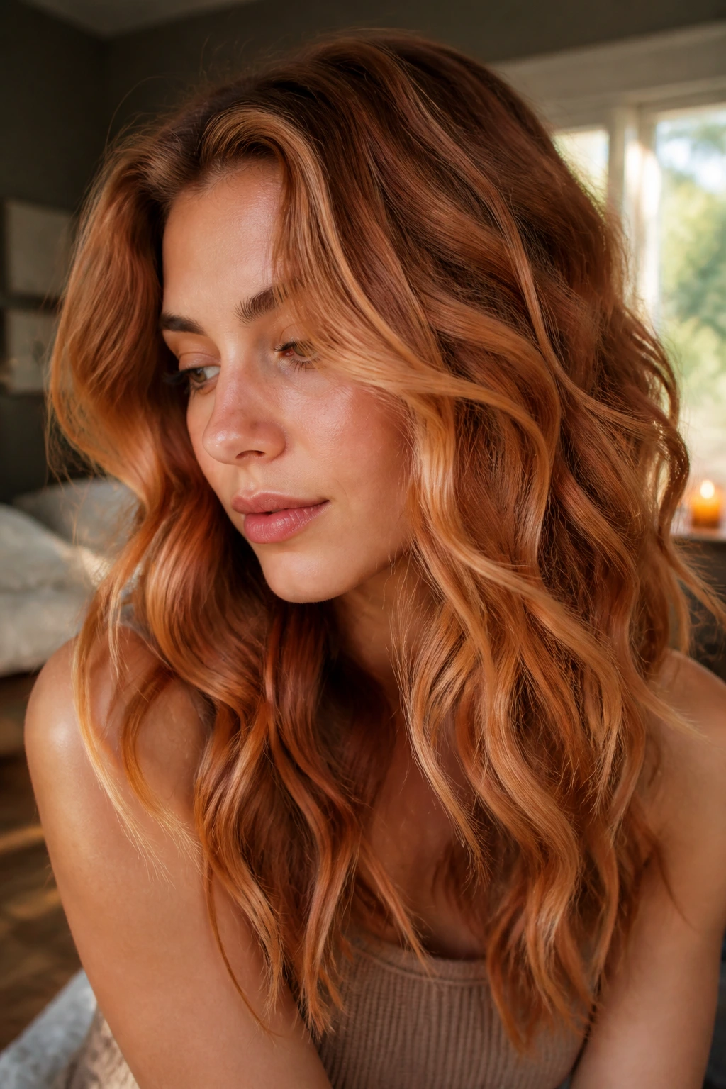 Close-up of a real woman with wavy copper apricot ribbons in hair, lit by warm window light