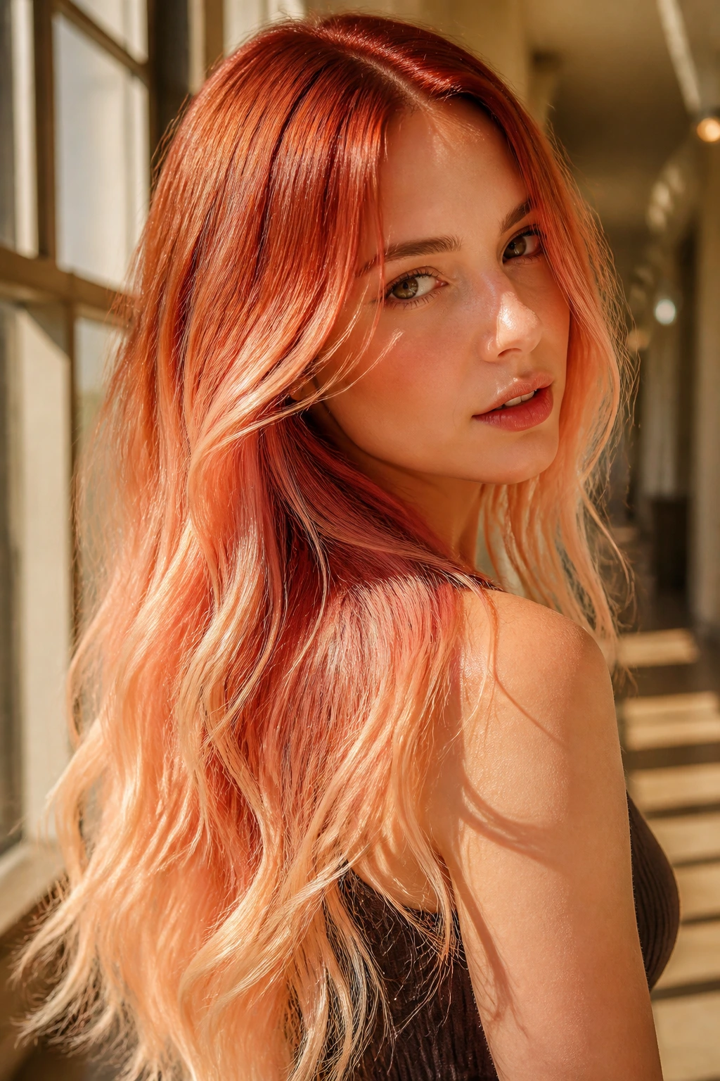 Close-up of long hair with copper root and apricot fade in sunlit interior.