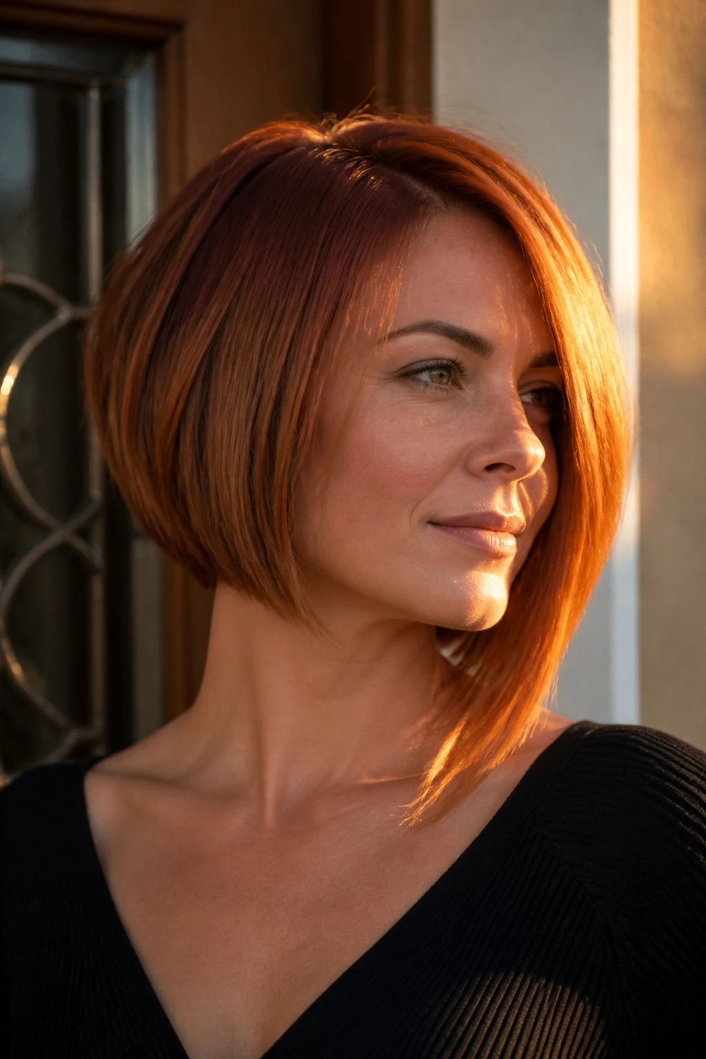 Close-up of a woman with copper asymmetrical bob and warm shine in golden hour light.