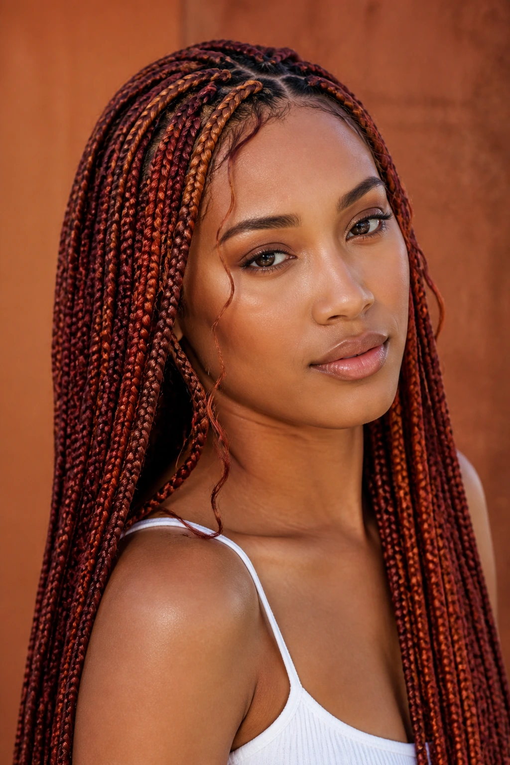 Close-up of copper and auburn box braids on a real person in warm natural light.