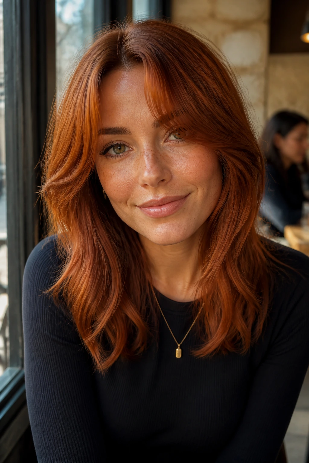 Front-facing portrait of a real woman with copper auburn hair and curtain bangs