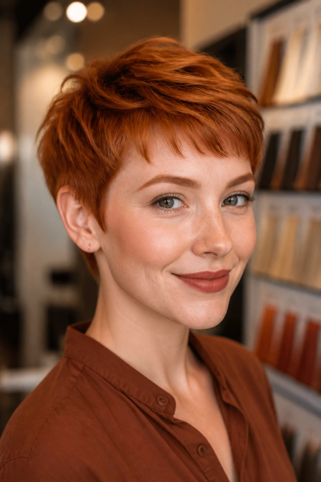 Portrait of a real person with copper auburn strawberry ginger hair in a warm shop setting.