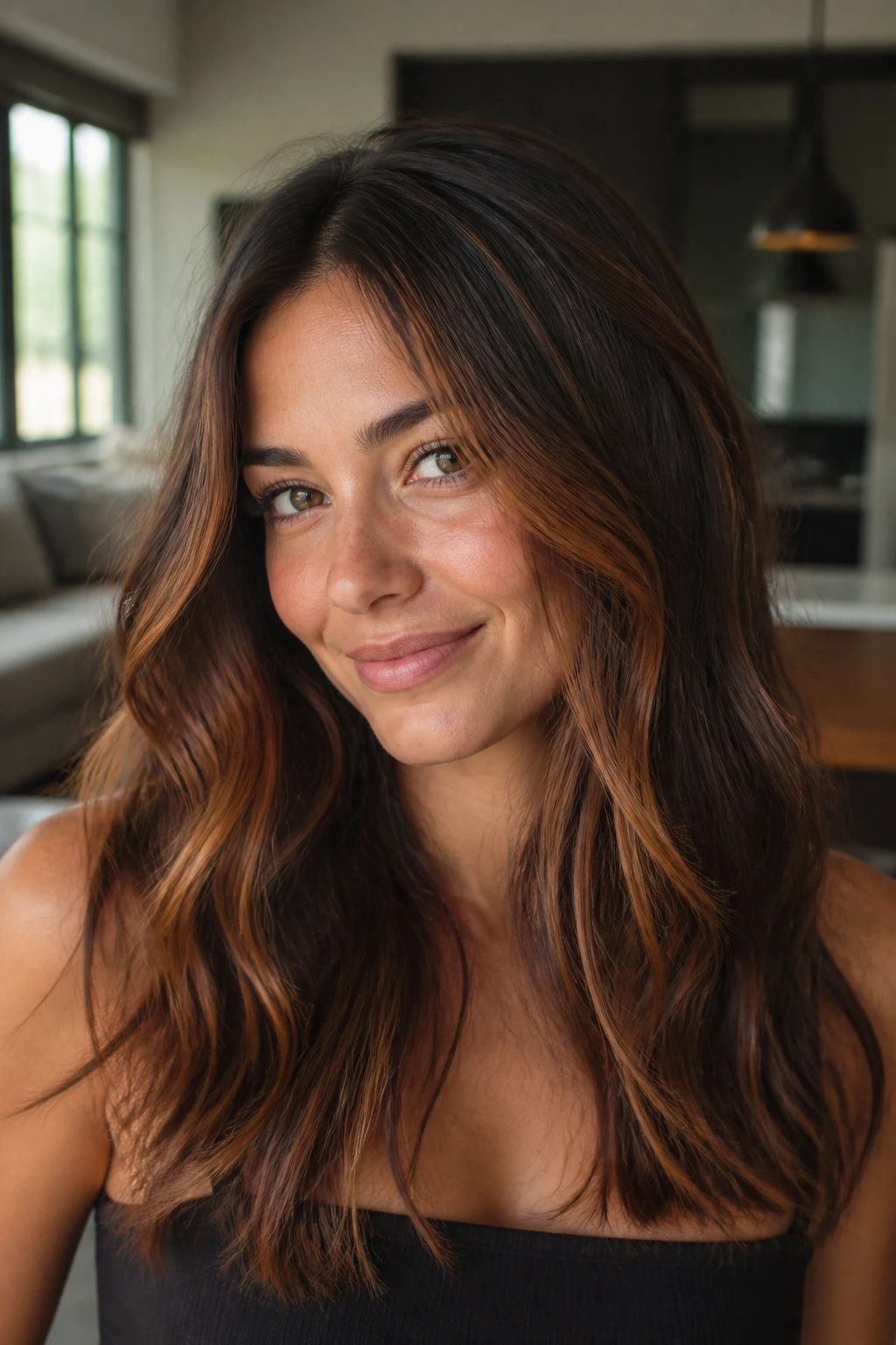Close-up of a real woman with copper babylights on warm brunette hair under natural light