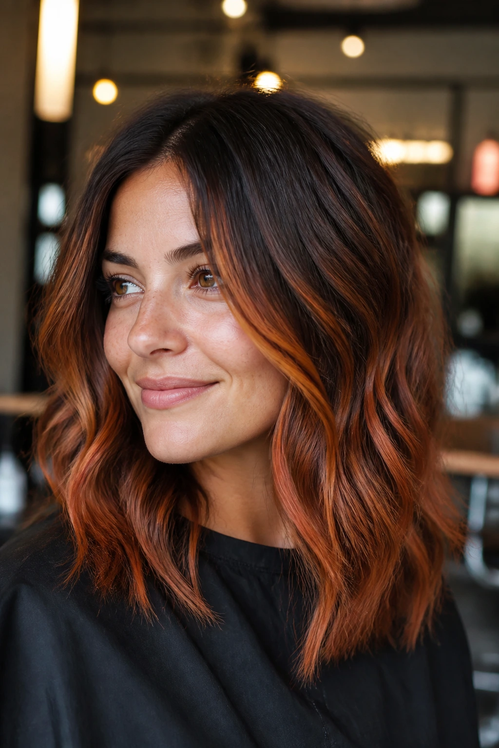 Close-up portrait of a real woman with copper balayage ribbons on mids and ends