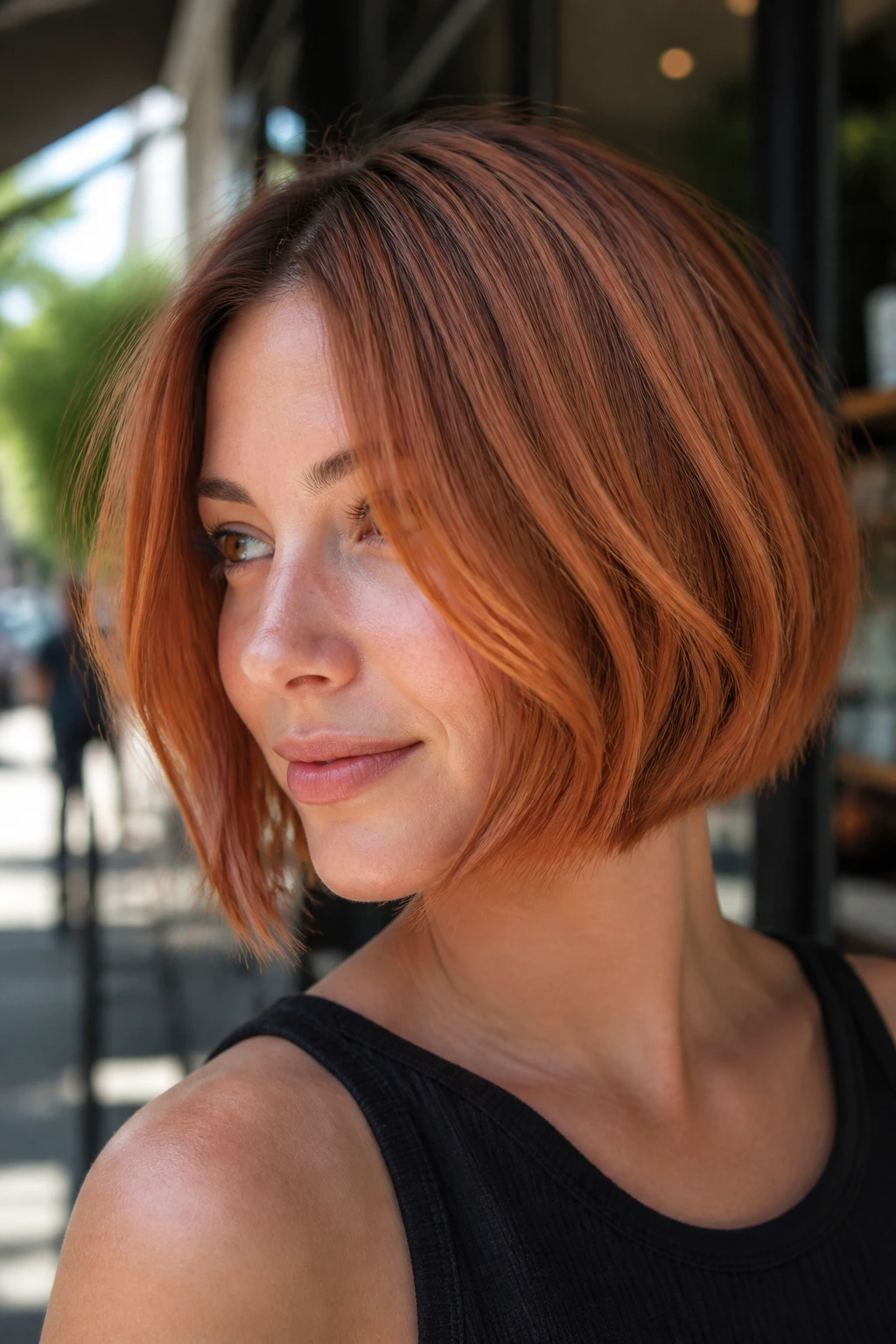 Close-up of copper penny bob on a real person with chin-length copper balayage