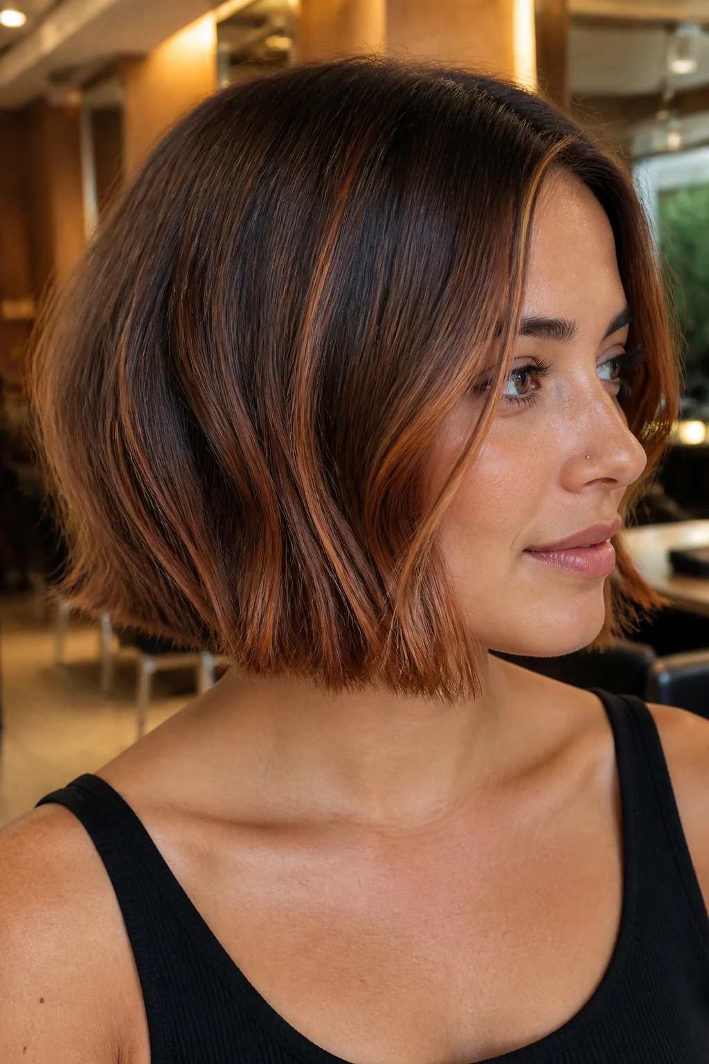 Jaw-length bob with copper balayage ribbons and subtle texture