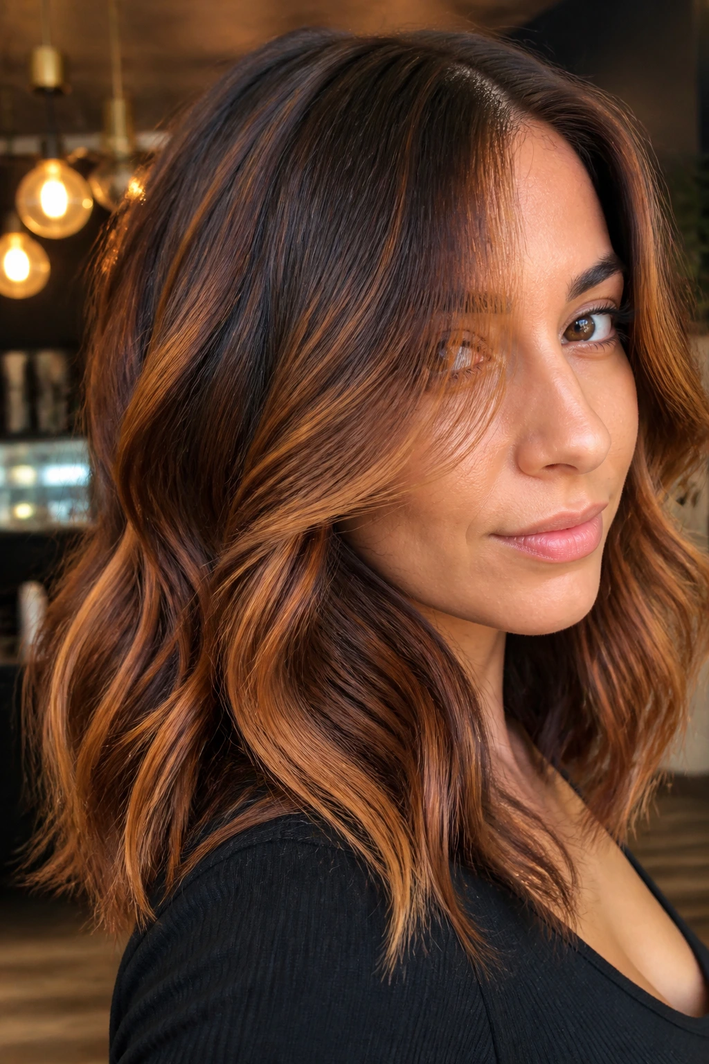 Close-up of brunette base with copper balayage ribbons and lighter face-framing pieces.