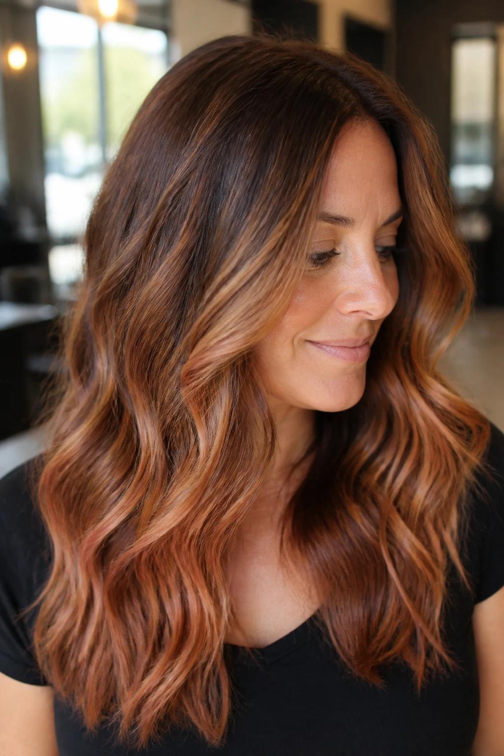 Close-up portrait of a real woman with copper buttercream balayage on chestnut hair with soft root shadow