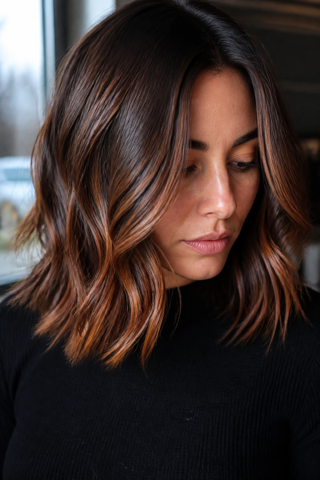 Copper balayage on brunette base with ribbons