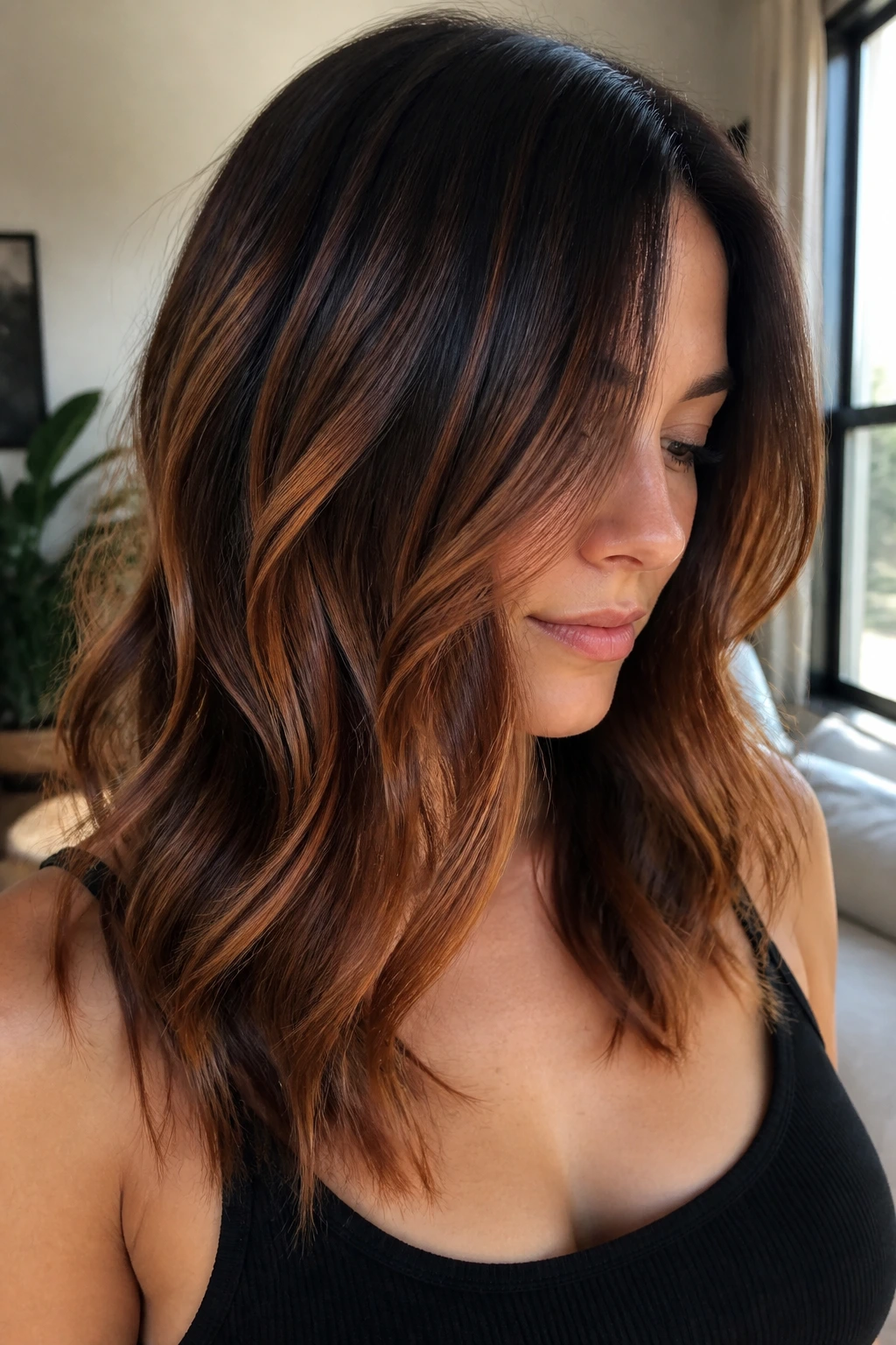 Close-up of real woman with brunette base and copper balayage through mid-lengths