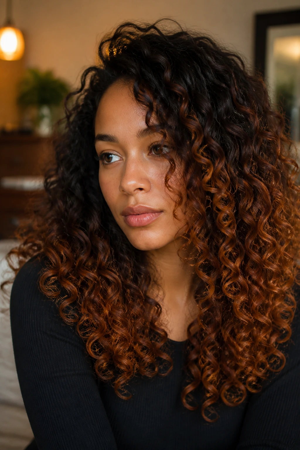 Close-up of deep brunette curls with copper balayage highlights