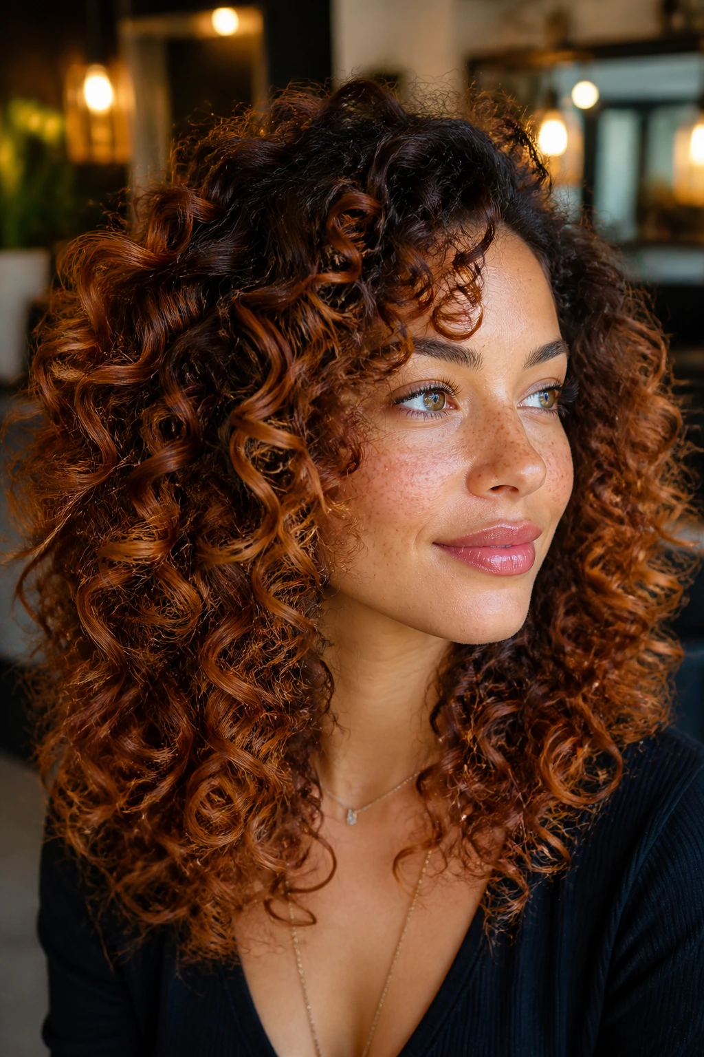 Close-up of real person's curly hair with copper balayage highlights.
