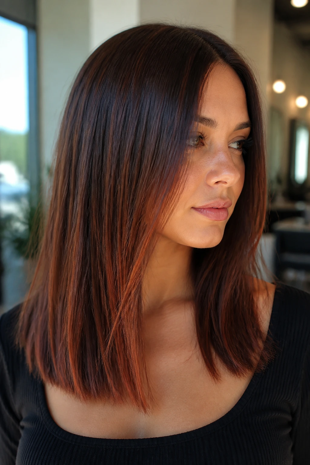 Close-up of copper veil balayage on brunette hair in warm salon light