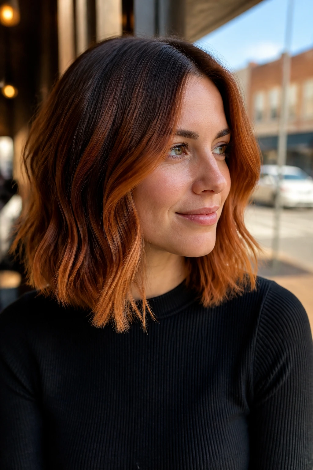 Portrait of a real person with copper balayage on a lob, deep base with copper ribbons around the face