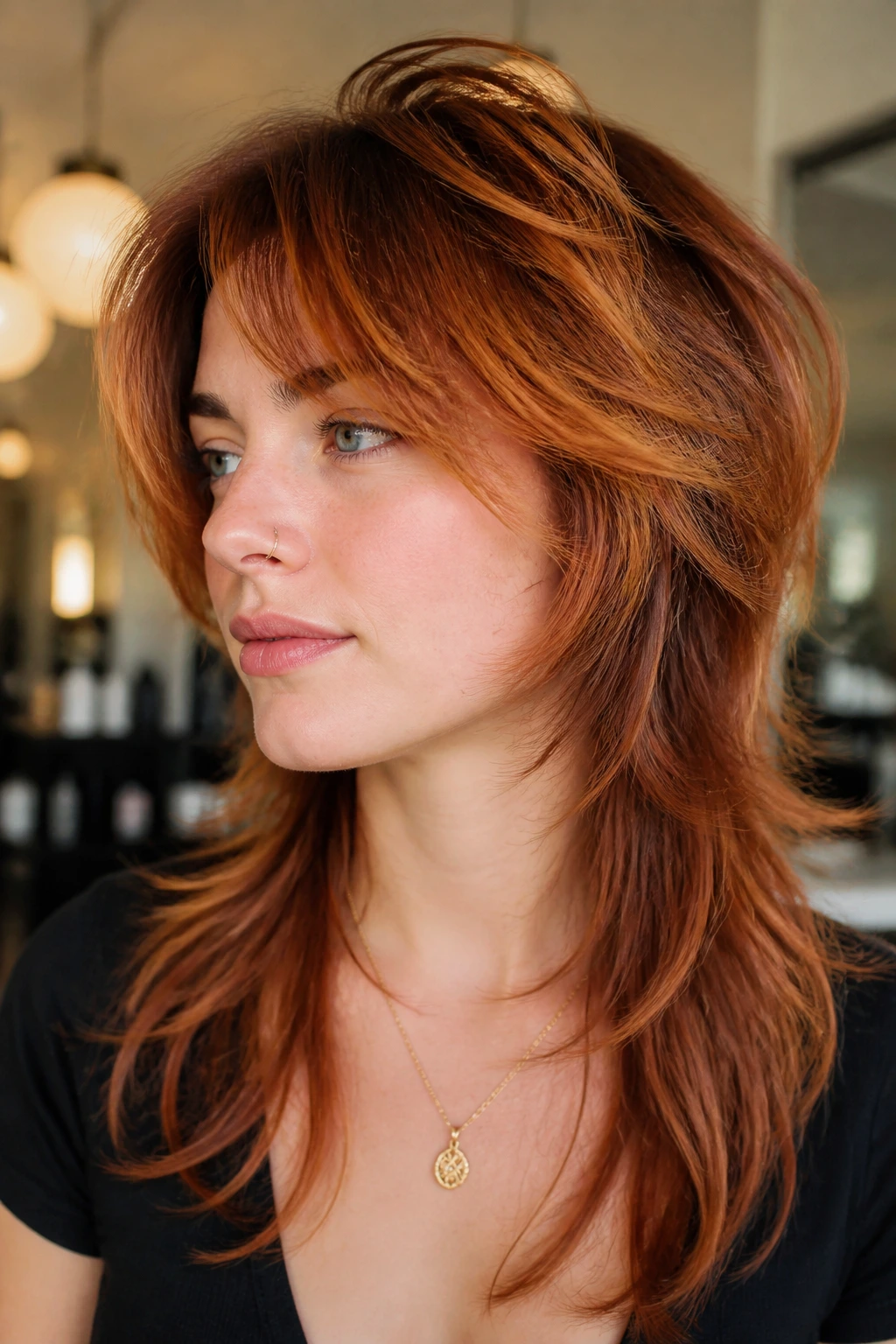 Close-up of a real person with copper balayage long mullet