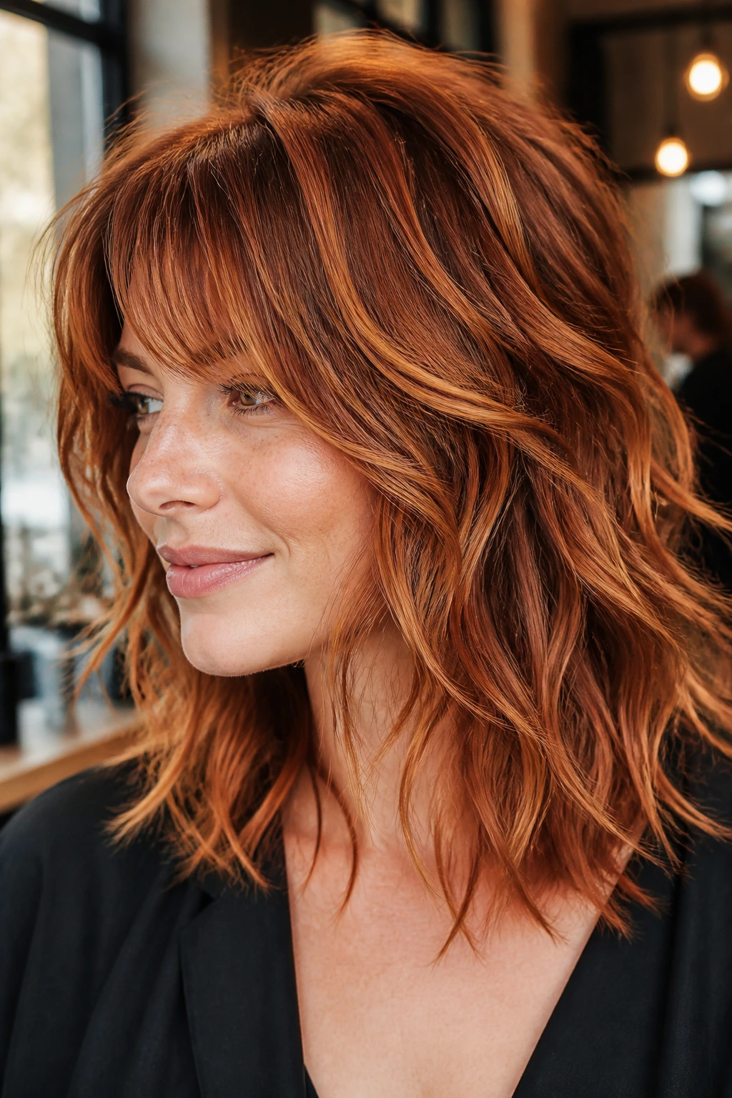 Close-up of real woman with copper balayage shag in warm salon lighting