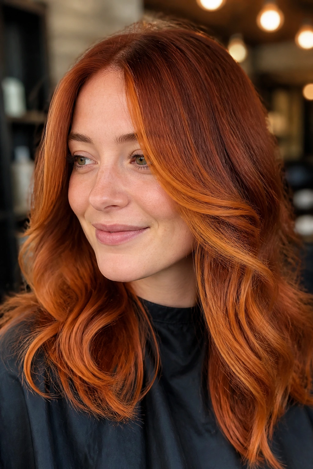 Close-up of a woman with face-framing copper highlights in a salon setting.