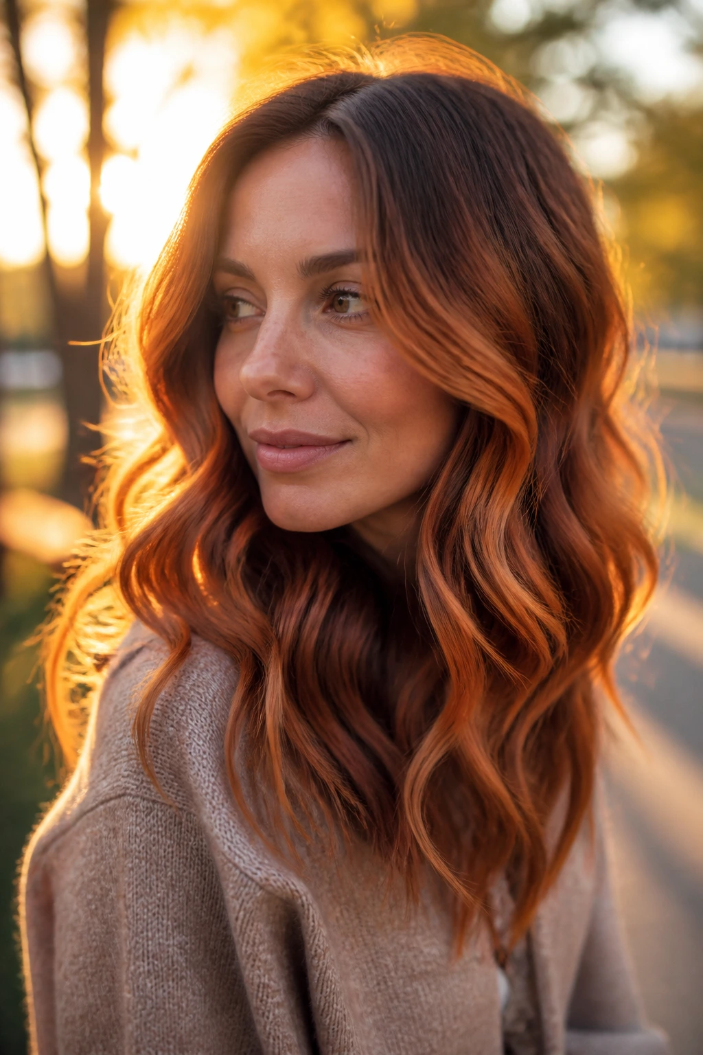 Close-up of copper balayage on wavy brunette hair in golden hour light