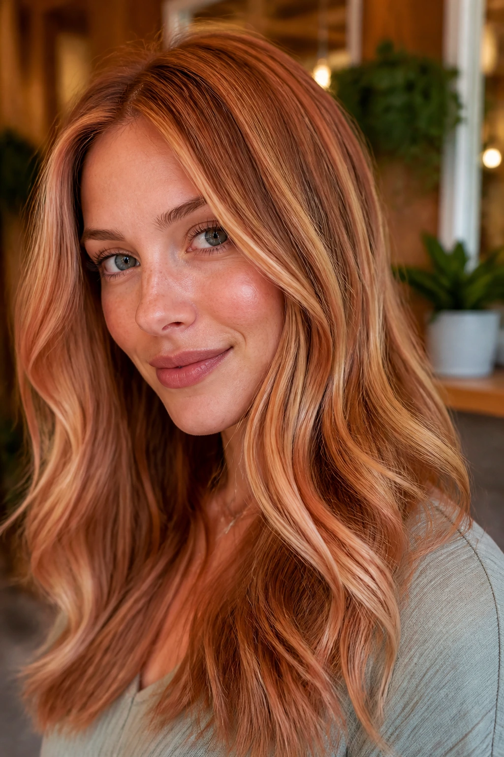 Close-up of a real woman with copper base hair and peachy blonde ribbons