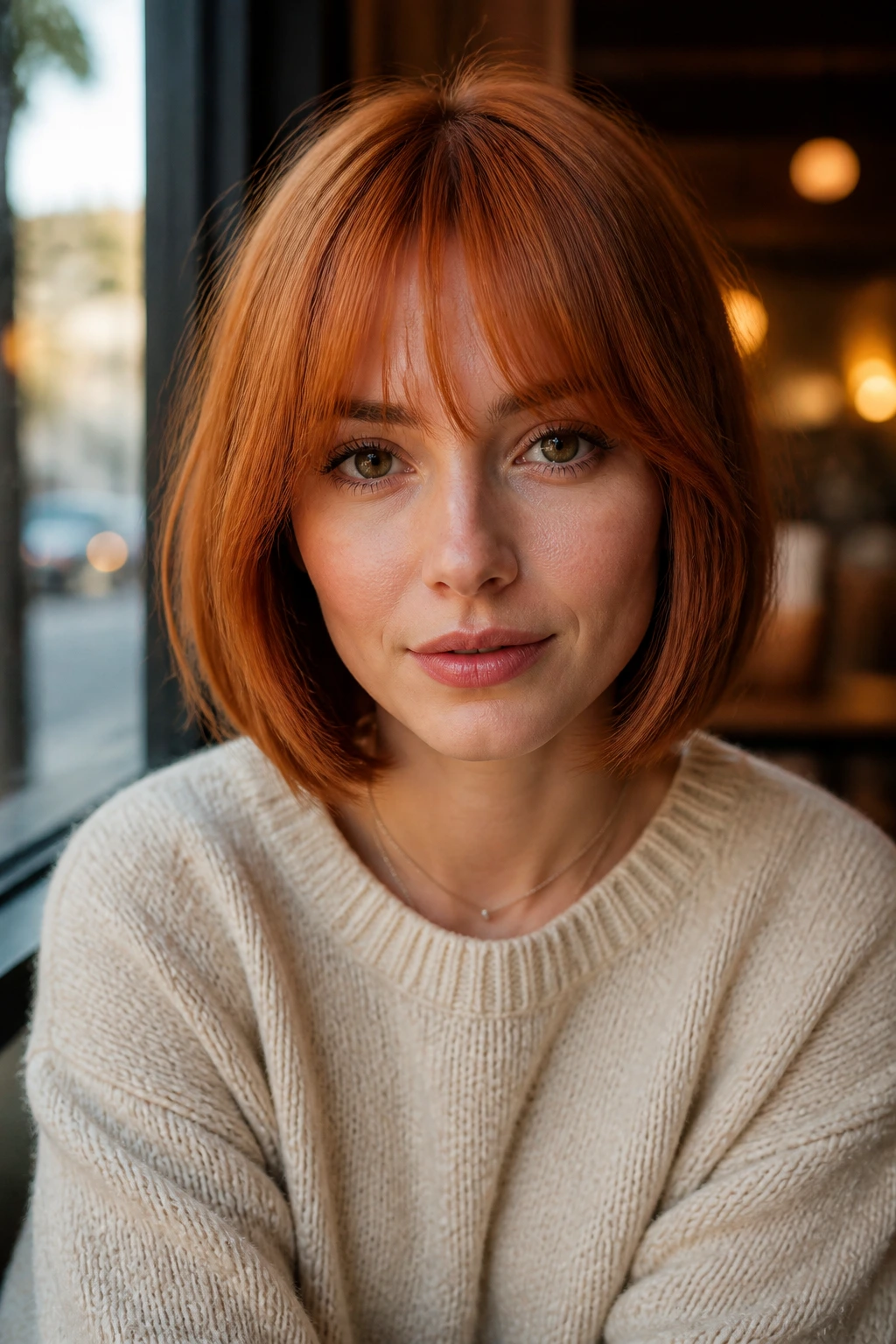 Close-up of a real woman with bottleneck bangs copper bob framed by the bangs