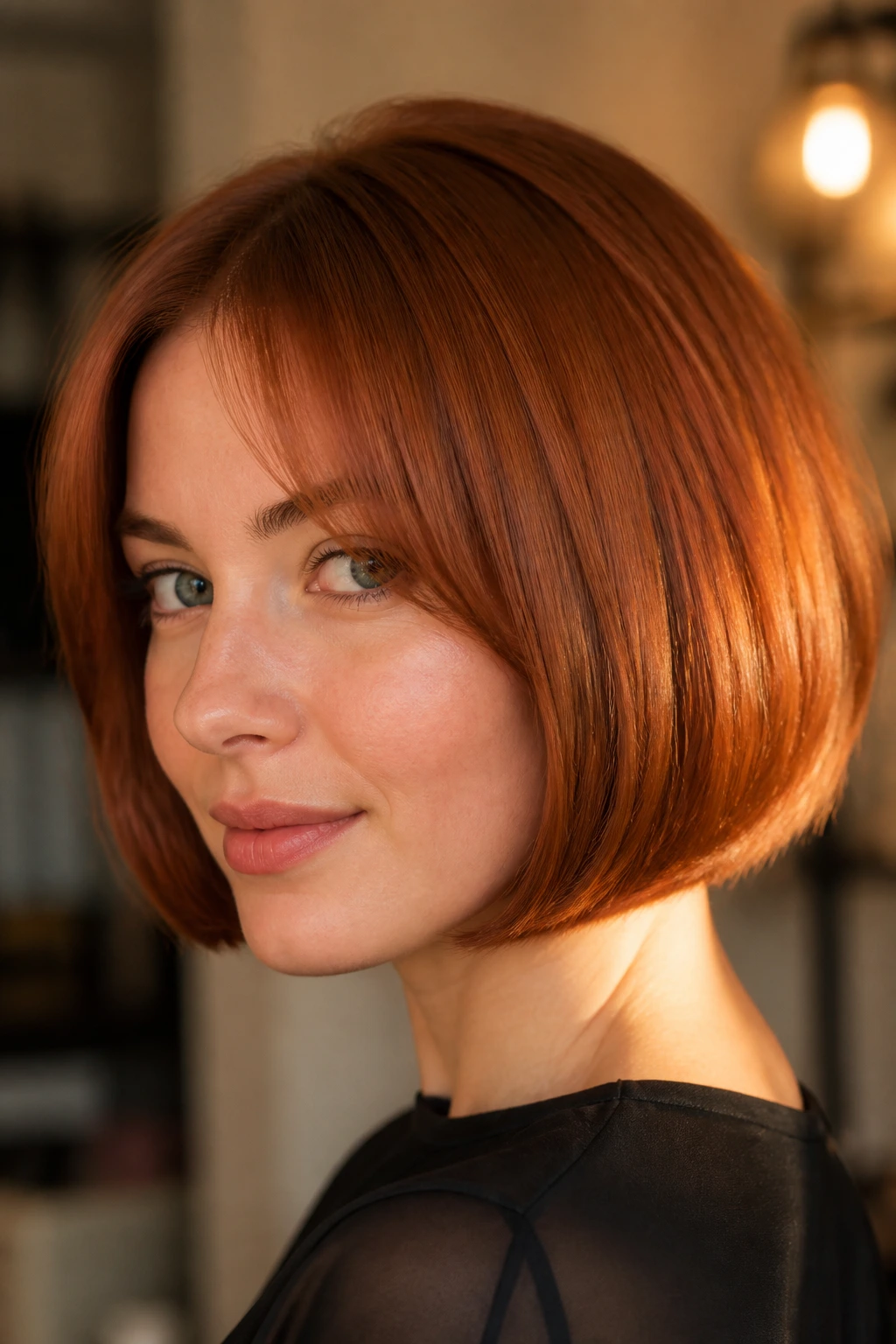 Close-up of copper bob with bright glossy ends in warm light