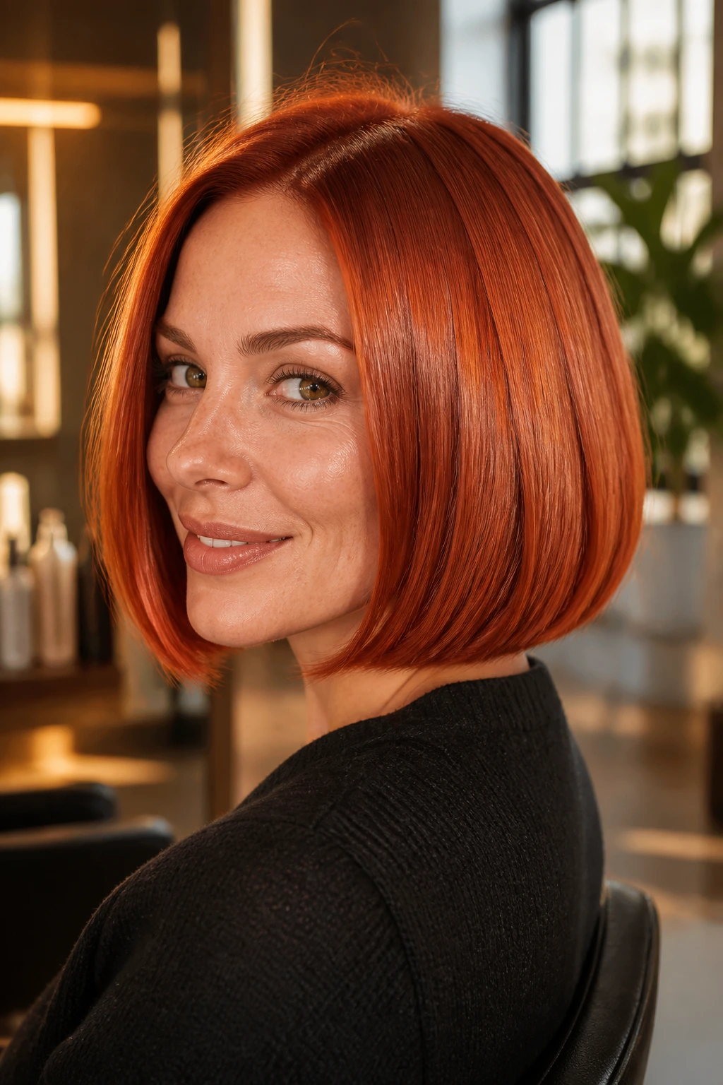 Close-up portrait of a woman with a bright firelight copper bob, glossy copper-red color.