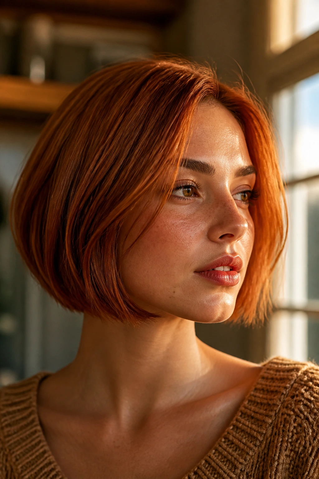 Close-up portrait of a real person with a copper bob showing how color flatters the jawline