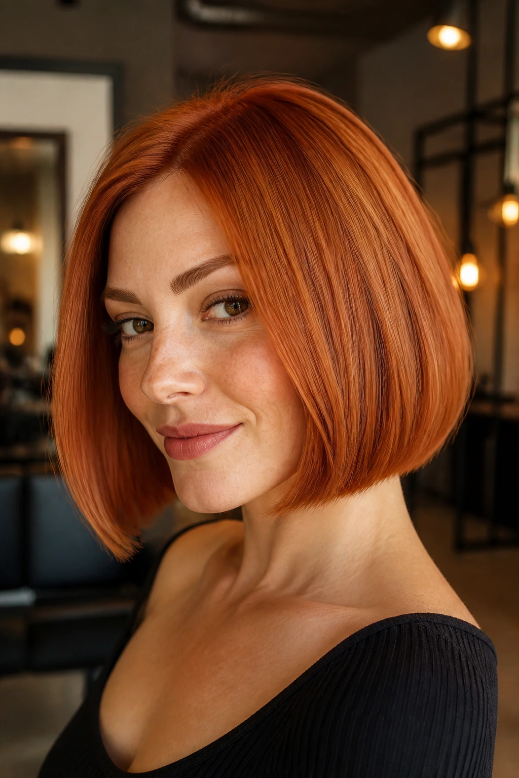 Close-up of a real woman with a chin-length copper bob in warm light